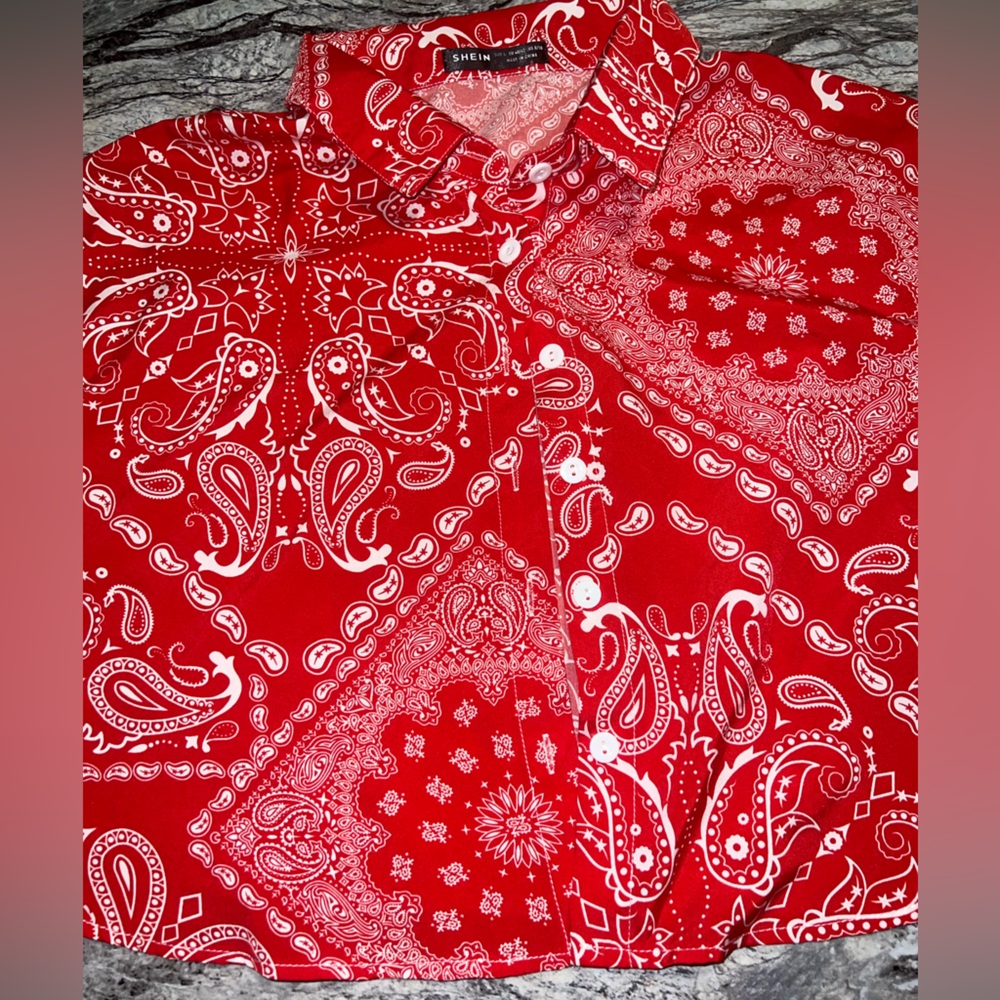 Red Bandana Print Button Up Crop Top